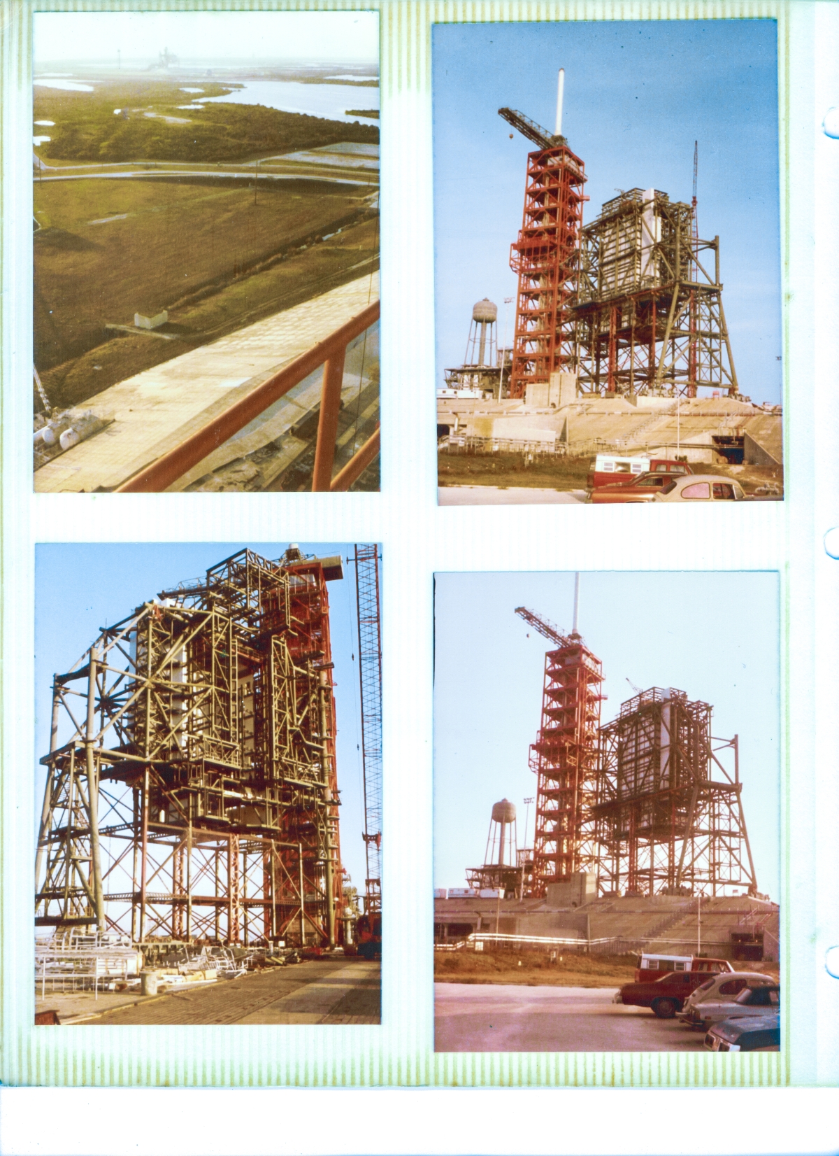 Top left: Columbia on Space Shuttle Launch Complex 39-A, prior to its second mission, STS-2. Other images: The Rotating Service Structure at Pad-B, still in the early phases of its construction, with incomplete Main Framing, necessitating its continued support on the five lines of falsework which were erected by Union Ironworkers from Local 808 working for Wilhoit prior to the construction of the RSS, to provide it with temporary support. Once the main framing had been completed, including completion of the installation of the drive trucks which supported the RSS on Column Line 7, and completion of the installation of the upper and lower thrust bearings which supported it on Column Line 1, the falsework would be removed, and from then on the RSS would be fully self-supporting.